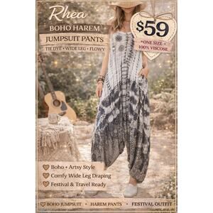 Rhea Boho Harem Jumpsuit Pants One Size Tie Dye Viscose Wide Leg NWT OS